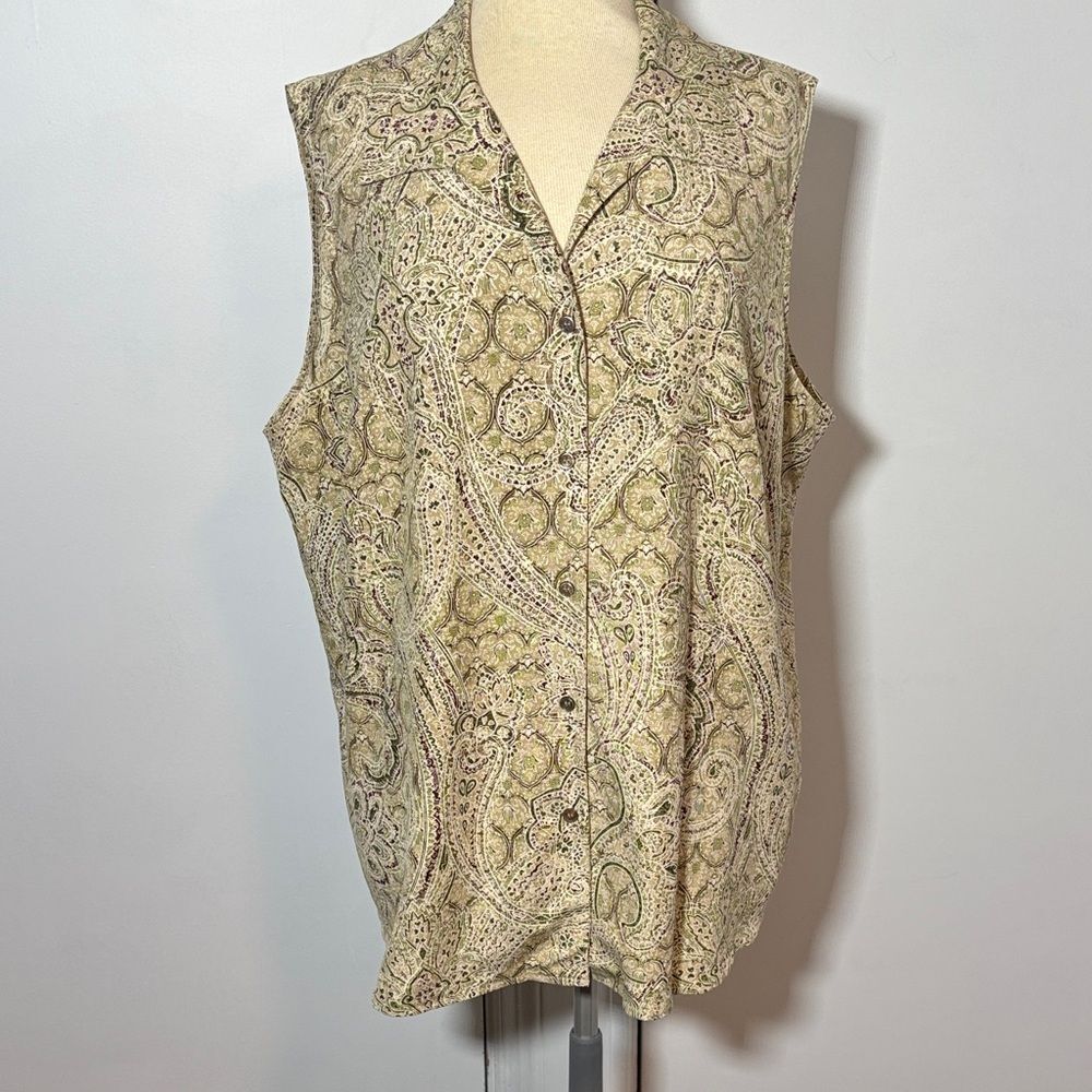 Kate Hill Beige Paisley Silk blend Button-Up Blouse sz 2X
